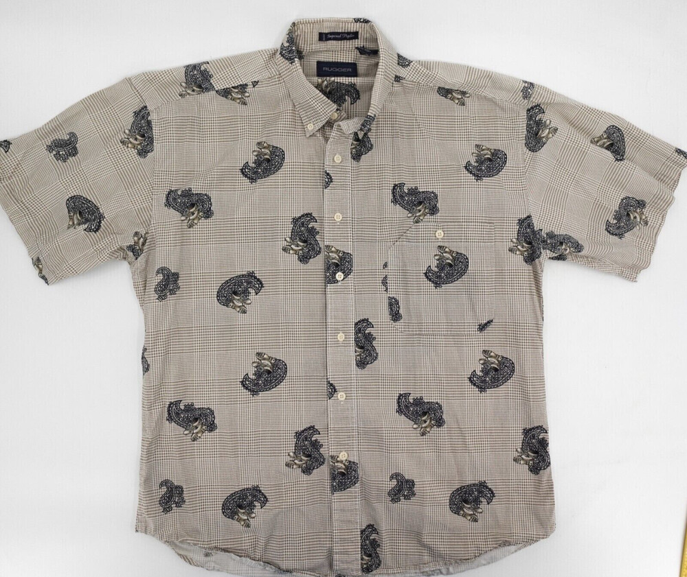Rugger Golf Shirt Mens Large Brown Plaid Button Short Sleeve Imperial Poplin